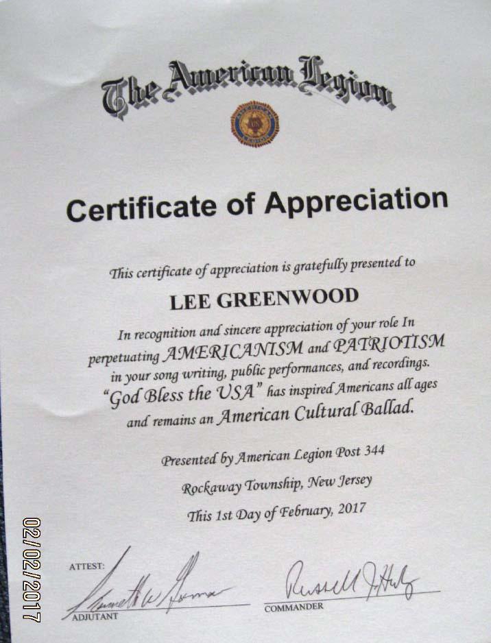 lee greenwood receives certificate of appreciation in recognition of certificate
